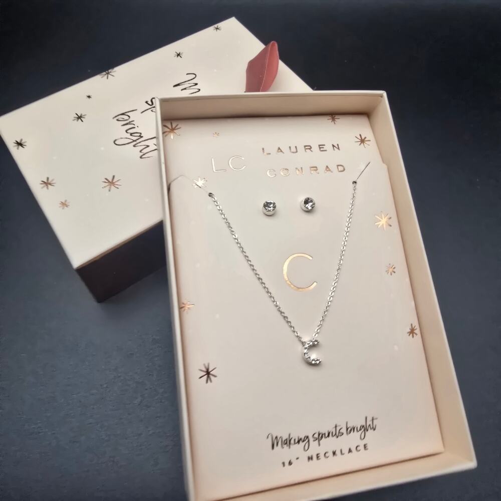Lauren Conrad LC Rhinestone Letter C Necklace Initial Set Gift Box NIB Christmas